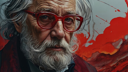 Old man with grey hair and beard is wearing red glass, Close up the face with grey color background in best quality, pop surrealism art, masterpiece, illustration, water color, 