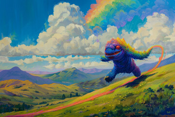 A colorful creature is running through a field of grass