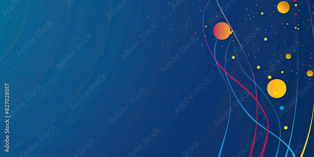 Poster blue background with colorful lines and dots. a simple line drawing of three colored circles on the 