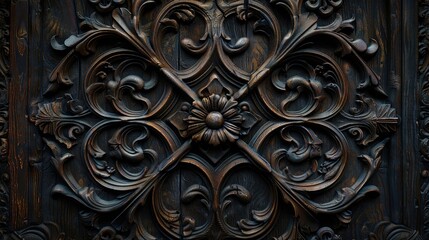 Close-up of floral pattern wood carving, showcasing the craftsmanship and artistic detail in the wooden texture