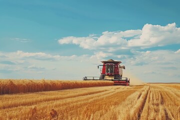Fototapeta premium A modern combine harvester works efficiently in the golden wheat field under a blue sky