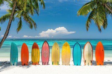 Line of vividly colored surfboards standing against coconut palms on a pristine tropical beach with turquoise waters