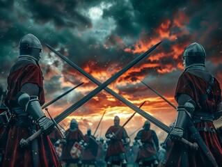 Crossed Swords A dramatic reenactment scene featuring medieval knights with crossed swords