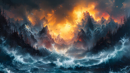 fire and water, Dangerous waves on the mountain cliff