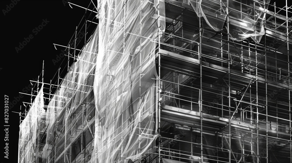 Poster scaffolding wrapped in a safety net to protect workers and passersby below.