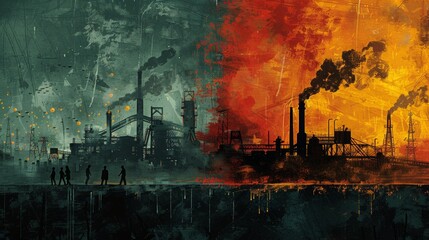 industrial landscape dominated by dark, heavy machinery and piles of coal, symbolizing traditional economic and political power