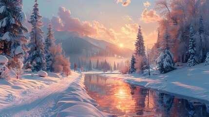snowy landscape with the snow reflecting soft liquid hues