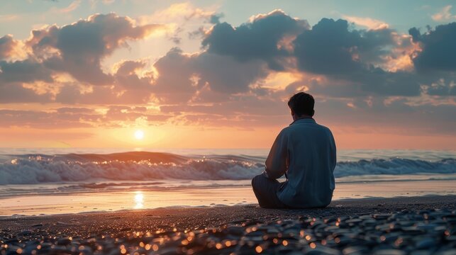 A man sits by the seashore at sunrise, praying, with a peaceful image of God visible in the morning light on the horizon. , natural light, soft shadows, with copy space