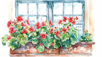 Fototapeta premium A kawaii watercolor of a geranium, with vibrant red flowers, in a cozy window box, on a sunny balcony, with a view of the cityscape, isolated on white
