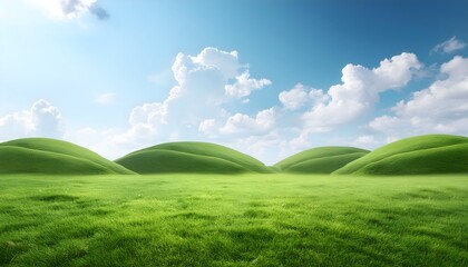 Obraz premium Peaceful haven, green grass, blue sky, small hills, soothing landscape