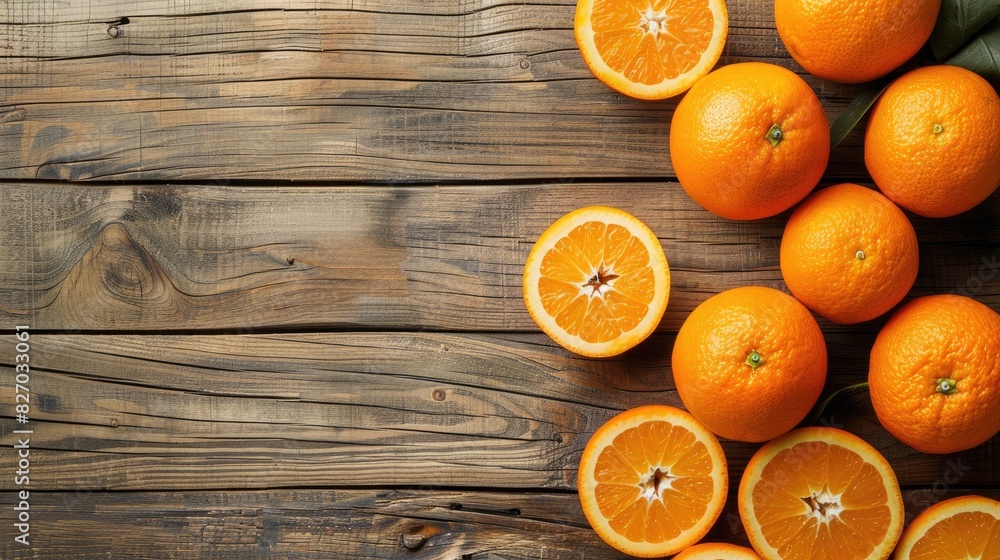 Poster ripe oranges whole and sliced arranged on a wooden table from above area available for adding text