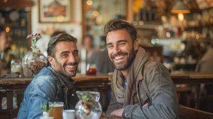 A gay couple taking a candid photo together in a vintage-style cafe, their smiles radiating happiness, surrounded by the cozy charm of antique furnishings and classic decor