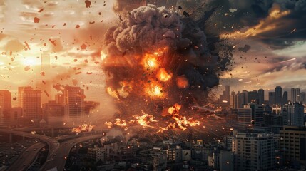 big explosion with big dirt smoke on the city war generative ai