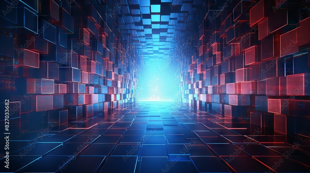 Poster futuristic 3d rendering of digital network wall with blue and red lights in cyberspace