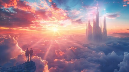 A gay couple marveling at the architectural wonders of a floating city in the sky, with towering spires and futuristic buildings surrounded by a sea of clouds, their faces filled with awe and