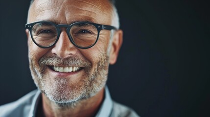 Casual businessman with glasses smiles confidently for a close-up portrait