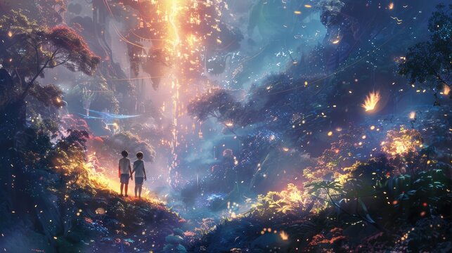 A gay couple standing before an open Pandora's box in a mystical forest, the surrounding area coming to life with magical creatures and ethereal light, their expressions showing awe and amazement