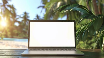 Closeup laptop mockup with blanks screen on the tropical summer background