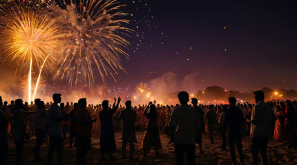 Fototapeta premium Diwali Fire Cracker explosions, Cracker Explosive dusk with silhouette of crowd playing in the background. wide far perspective with copy space 