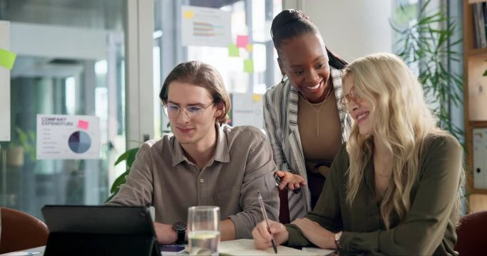 Business people, meeting and discussion with tablet for planning, conversation and research and development for agency. Team, online and communication for sales strategy, client feedback and project.