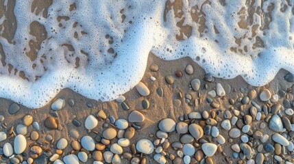 Pebbles scattered on the shore as sea waves roll in with frothy foam