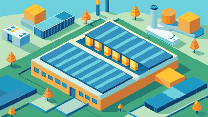 An overhead view of a sprawling manufacturing complex with solar panels blanketing its roof to help offset the energy needed for its heat recovery. Vector illustration