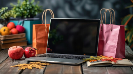 A cozy autumn-themed online shopping setup with a laptop, shopping bags, and seasonal decor.