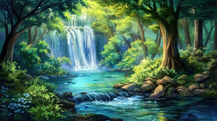 river and waterfall forest background concept