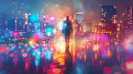 Fototapeta premium featuring the outline of an entrepreneur with a backdrop of a colorful city festival, blending the spirit of enterprise with urban culture, business, vibrant city, lights backgroun