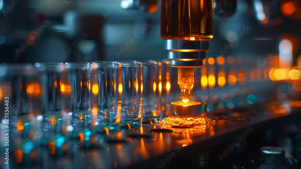 Poster a close-up view of glass bottles being processed on an automated production line in a factory.