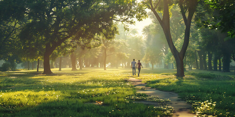 A couple enjoying a peaceful morning walk in the park, holding hands and appreciating the beauty of nature around them. 