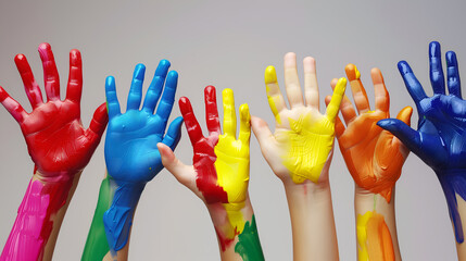 A group of hands with colorful paint on them, symbolizing creativity and diversity in the school environment. International Lefthanders Day Concept