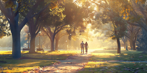 autumn in the park, A couple enjoying a peaceful morning walk in the park, holding hands and appreciating the beauty of nature around them. 