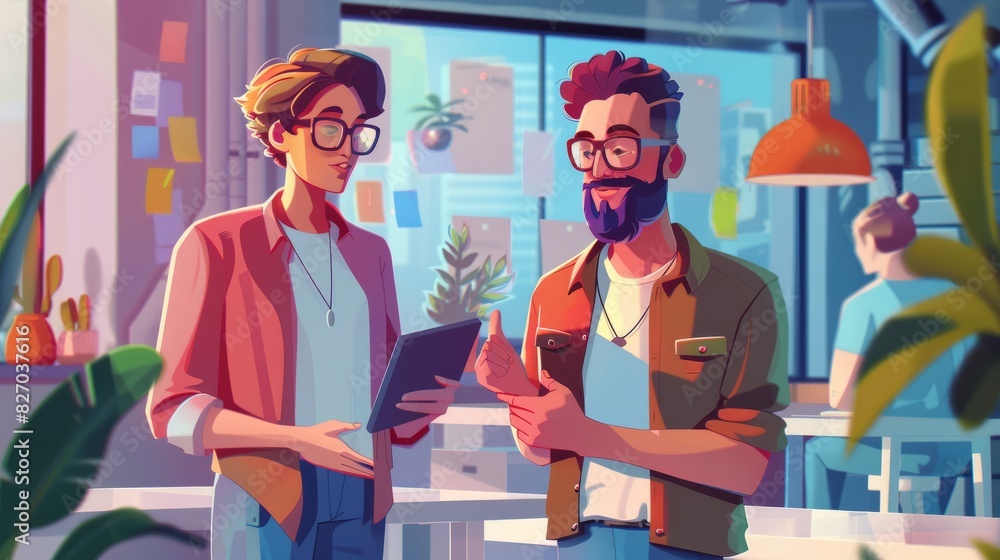 Poster of two tech startup founders discussing app developments on a tablet, tweaking features based on fee