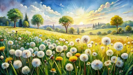 Watercolor painting of a summer meadow with a field of dandelions