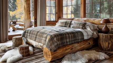 A bedroom with a large log bed covered in plaid bedding and a faux fur rug on the floor.