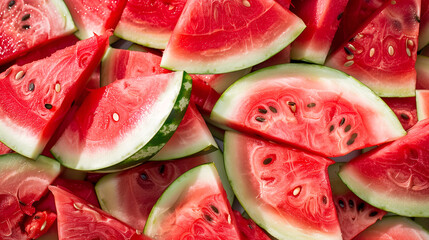 Watermelon slices piled in a colorful and juicy background for summer food or drink concepts