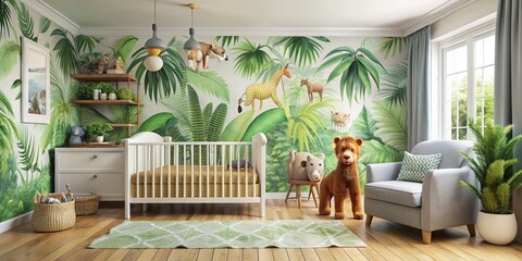 Modern nursery with jungle theme, complete with animal decals on the walls and plush toys scattered around