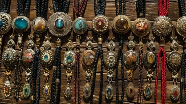 A table decorated with rows of ornate bolo ties featuring shining Western motifs and gemstones.
