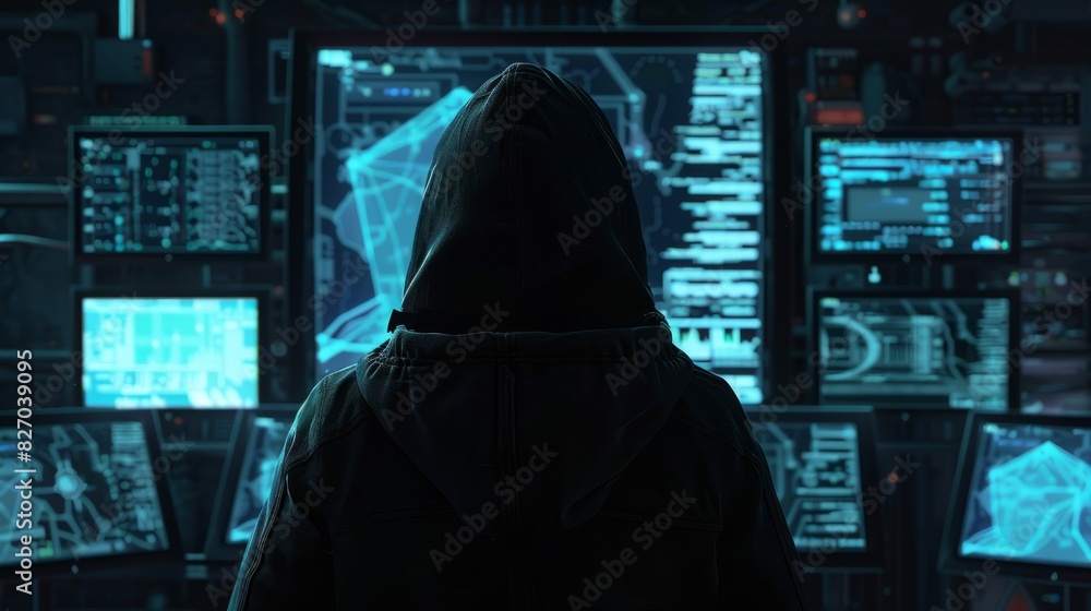 Poster silhouette of a hooded computer hacker behind multiple displays and digital information. data thief,