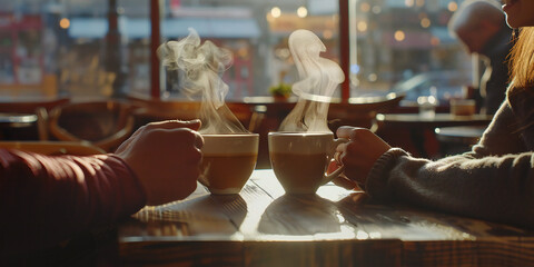 A couple sharing a quiet moment in a cozy café, holding hands and enjoying each other's company over steaming cups of coffee.