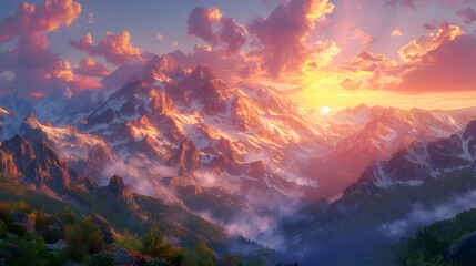 sunset over the mountains, A mountain landscape with a mountain landscape and a mountain landscape