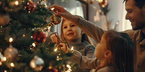 person celebrating christmas, A family decorating their Christmas tree, with parents and children carefully hanging ornaments and stringing lights together.