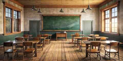 Empty vintage classroom with blackboard mockup