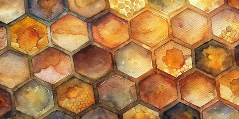 Close-up watercolor painting of earthy toned honeycomb patterns with intricate textures