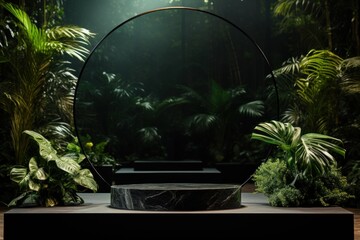 Obraz premium Product display. empty marble podium display stand for product display with green foliage.