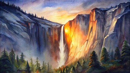 Horse tail waterfall in Yosemite National Park glowing in sunset light in February, Firefall, California, USA, watercolor painting