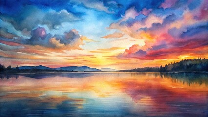 Beautiful watercolor sunset panorama with vibrant colors reflecting on the water