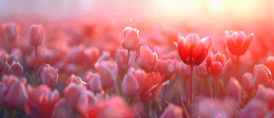 Amazing white, red, pink tulip flowers blooming in a tulip field, against the background of blurry tulip flowers in the sunset light. Fresh bright yellow spring tulips, Bouquet of spring tulips