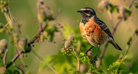 Fototapeta premium Curious Little Bird Observing the Sky from a Lush Bush with Yellow Blooms - A Glimpse into the Serenity of Nature